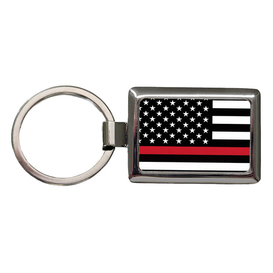 Black and White Thin Red Line Firefighter American Flag Rectangle Metal Keychain