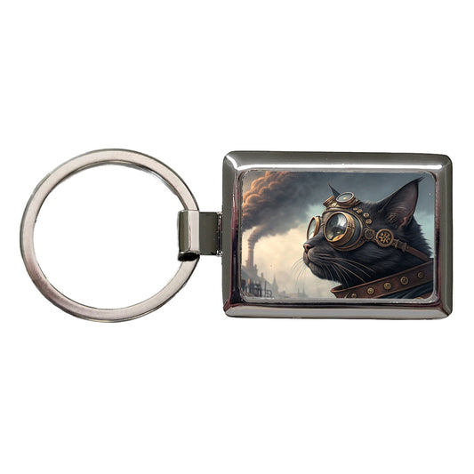 Black Cat Steampunk Rectangle Metal Keychain