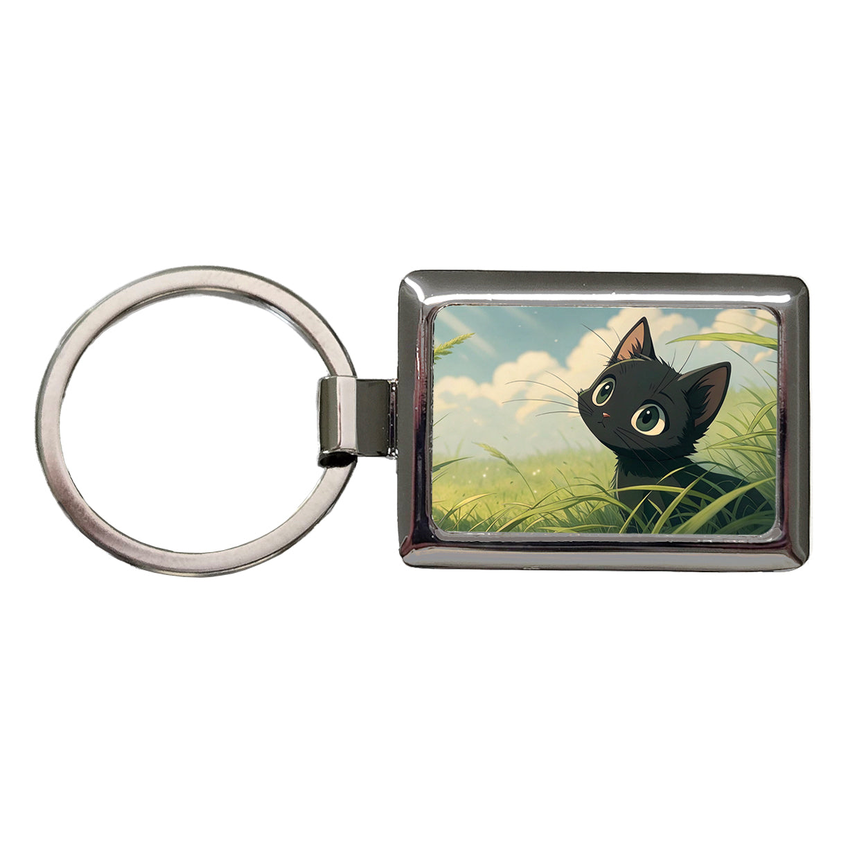 Black Kitten Cat in Field of Grass Anime Style Rectangle Metal Keychain