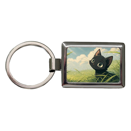 Black Kitten Cat in Field of Grass Anime Style Rectangle Metal Keychain