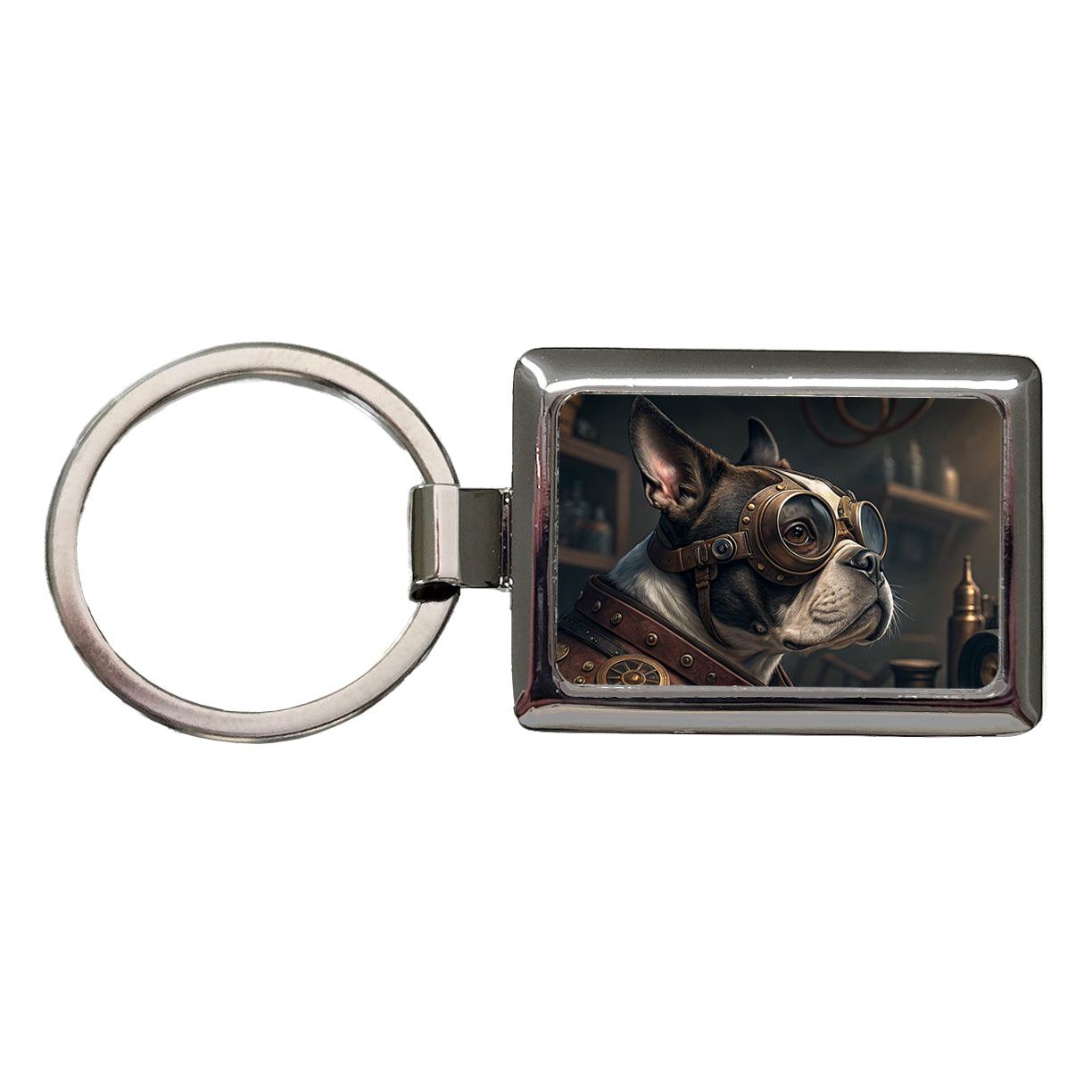 Boston Terrier Dog Steampunk Rectangle Metal Keychain