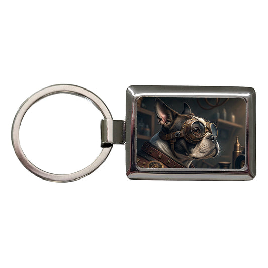 Boston Terrier Dog Steampunk Rectangle Metal Keychain