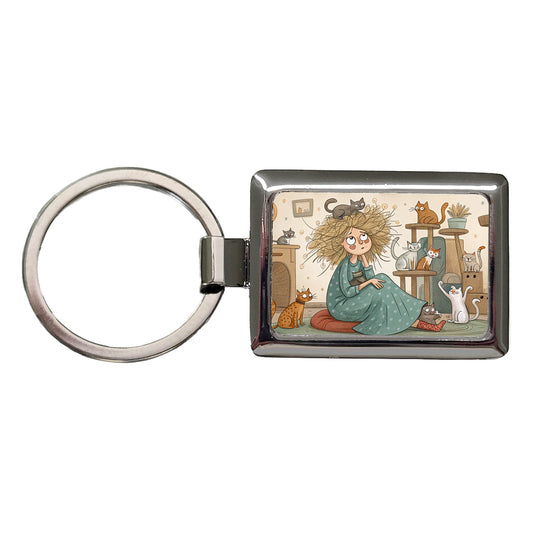 Cartoon of Crazy Cat Lady Home Rectangle Metal Keychain