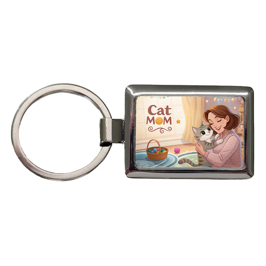 Cat Mom Cartoon Rectangle Metal Keychain