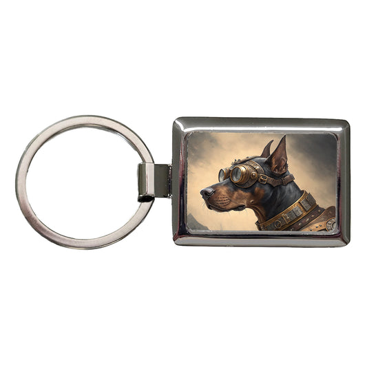 Doberman Pinscher Dog Steampunk Rectangle Metal Keychain