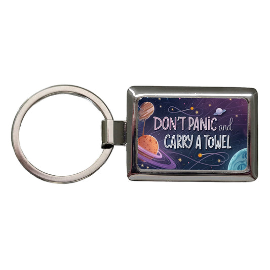 Don't Panic And Carry A Towel Funny Sci-Fi Rectangle Metal Keychain