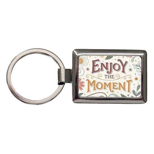 Enjoy The Moment Retro Floral Inspirational Rectangle Metal Keychain