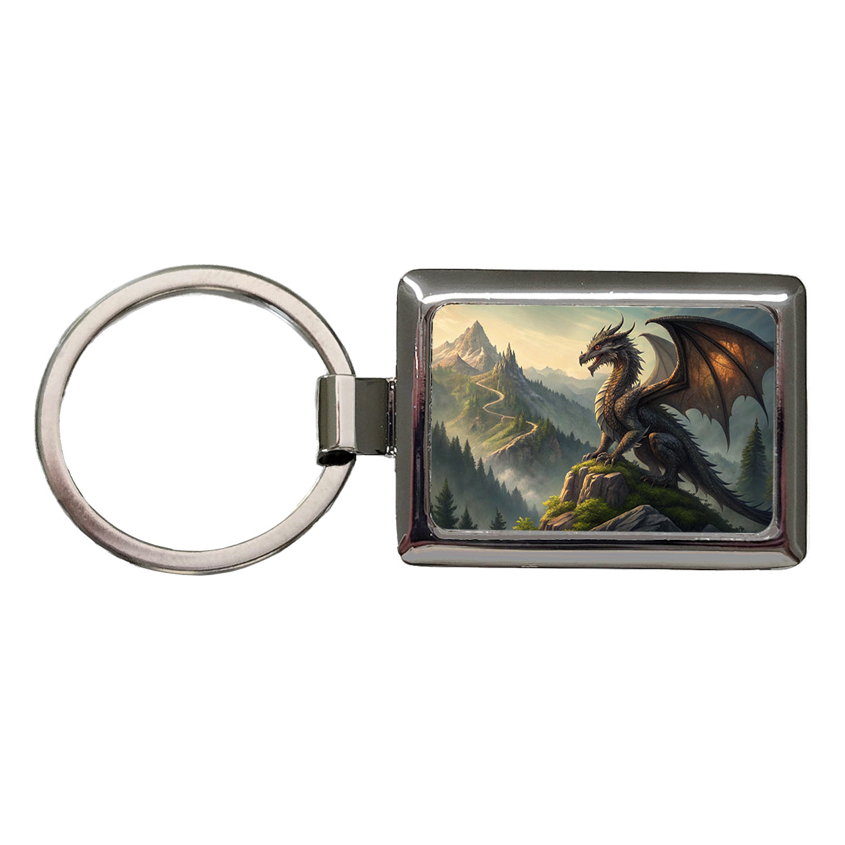 Fantasy Dragon on Mountain Illustration Rectangle Metal Keychain