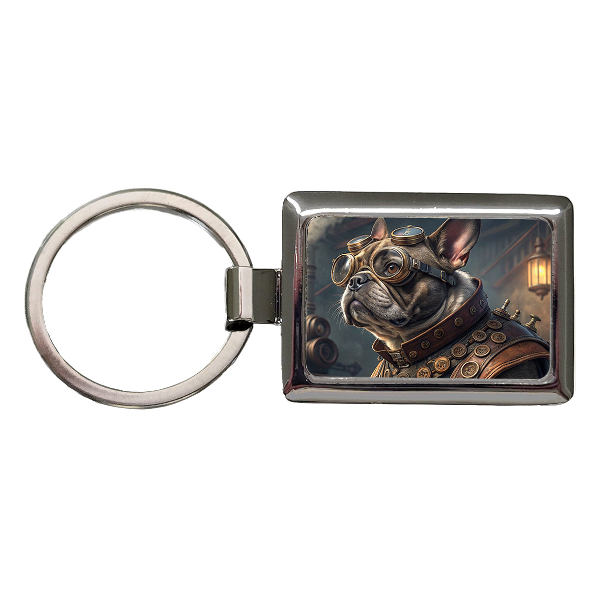 French Bulldog Dog Steampunk Rectangle Metal Keychain