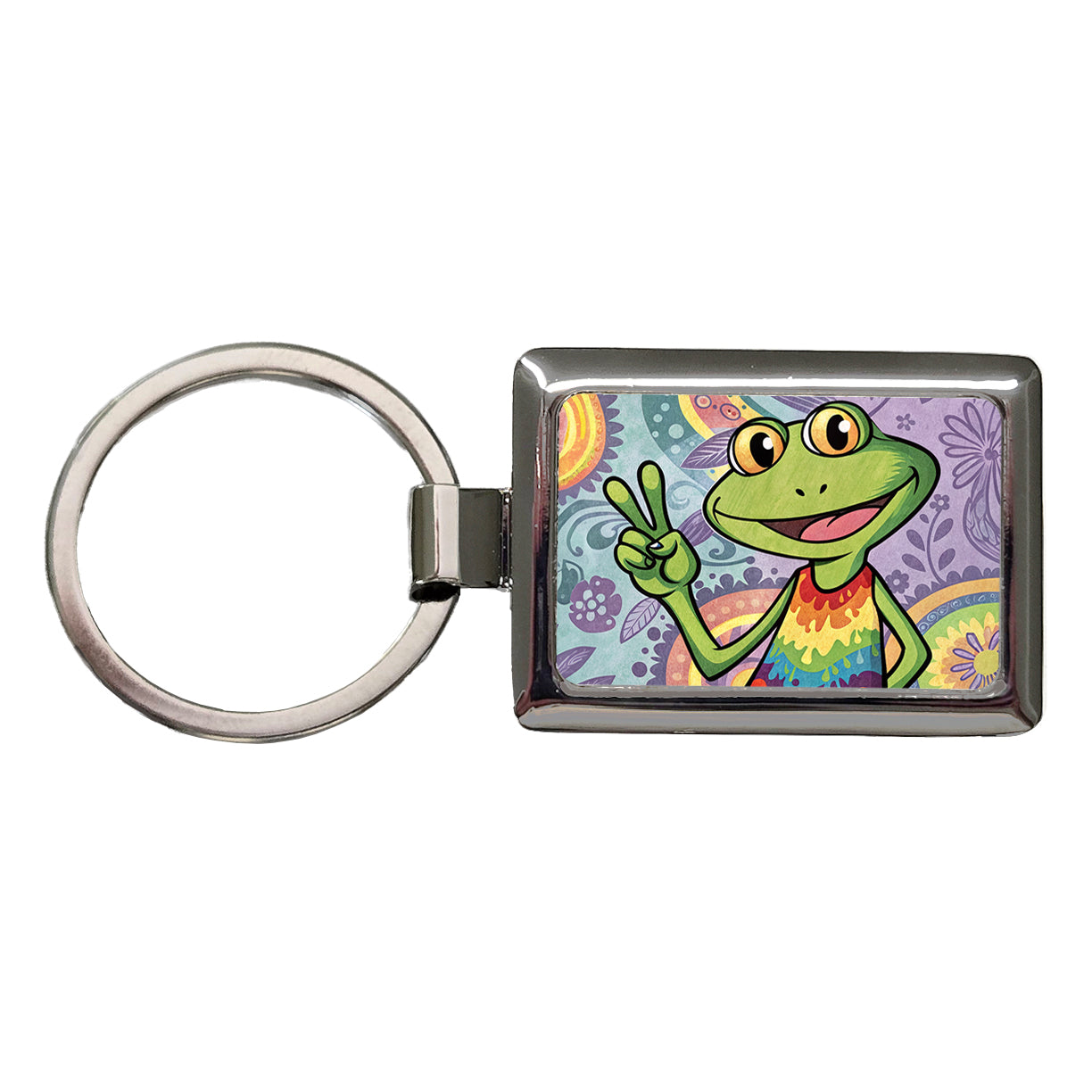 Frog Giving Peace Sign Hippie Tie Dye Rectangle Metal Keychain