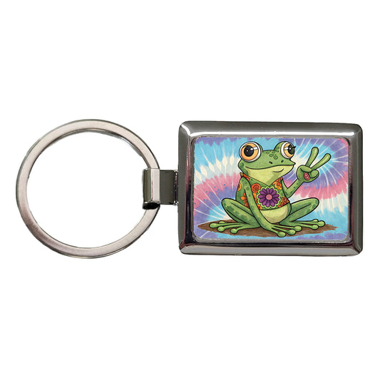 Frog Giving Peace Sign Tie-Dye Cartoon Rectangle Metal Keychain