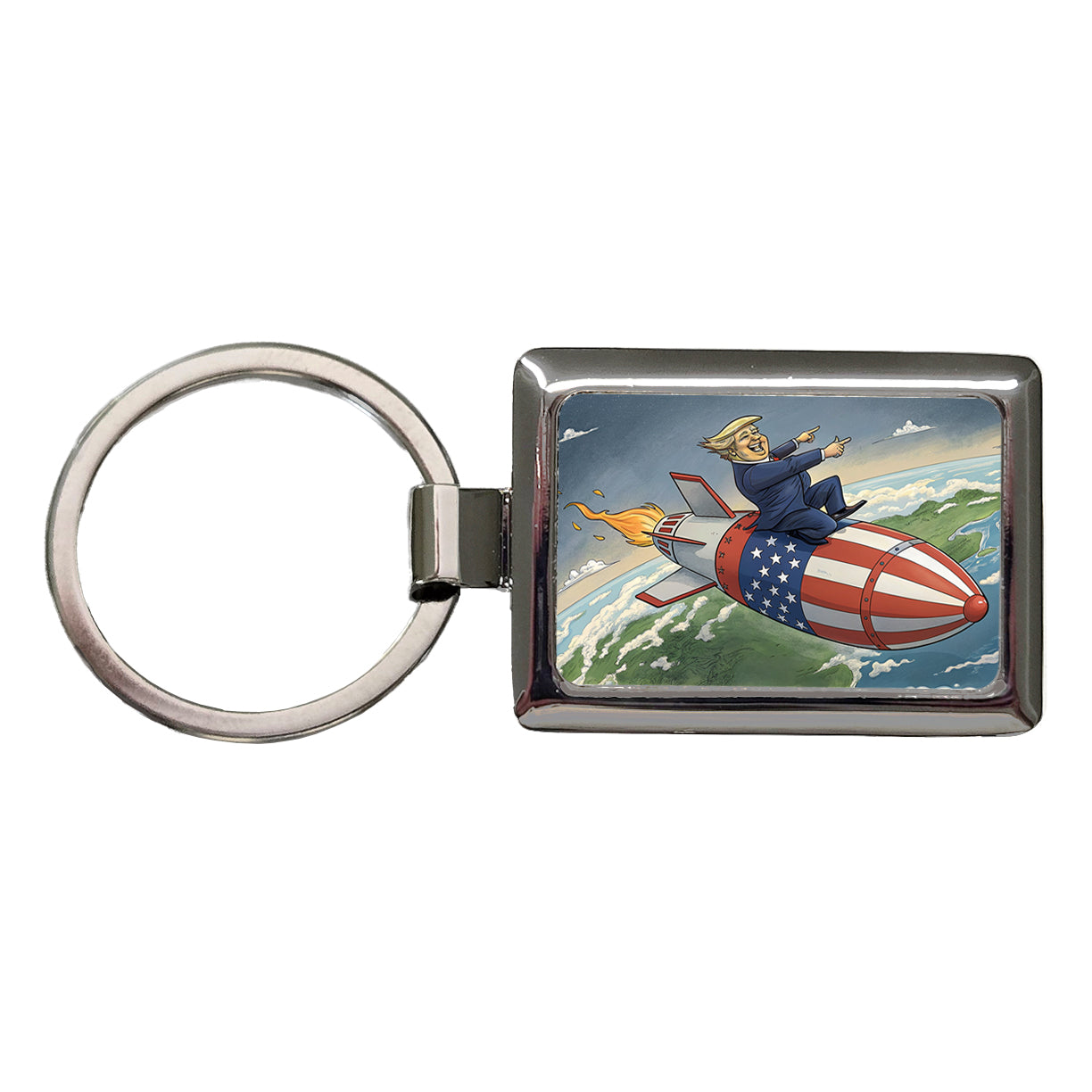 Funny Donald Trump Riding American Flag Missile Rectangle Metal Keychain