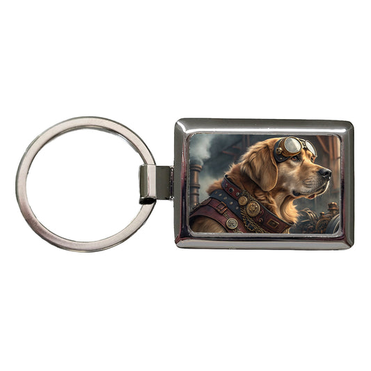 Golden Retriever Dog Steampunk Rectangle Metal Keychain