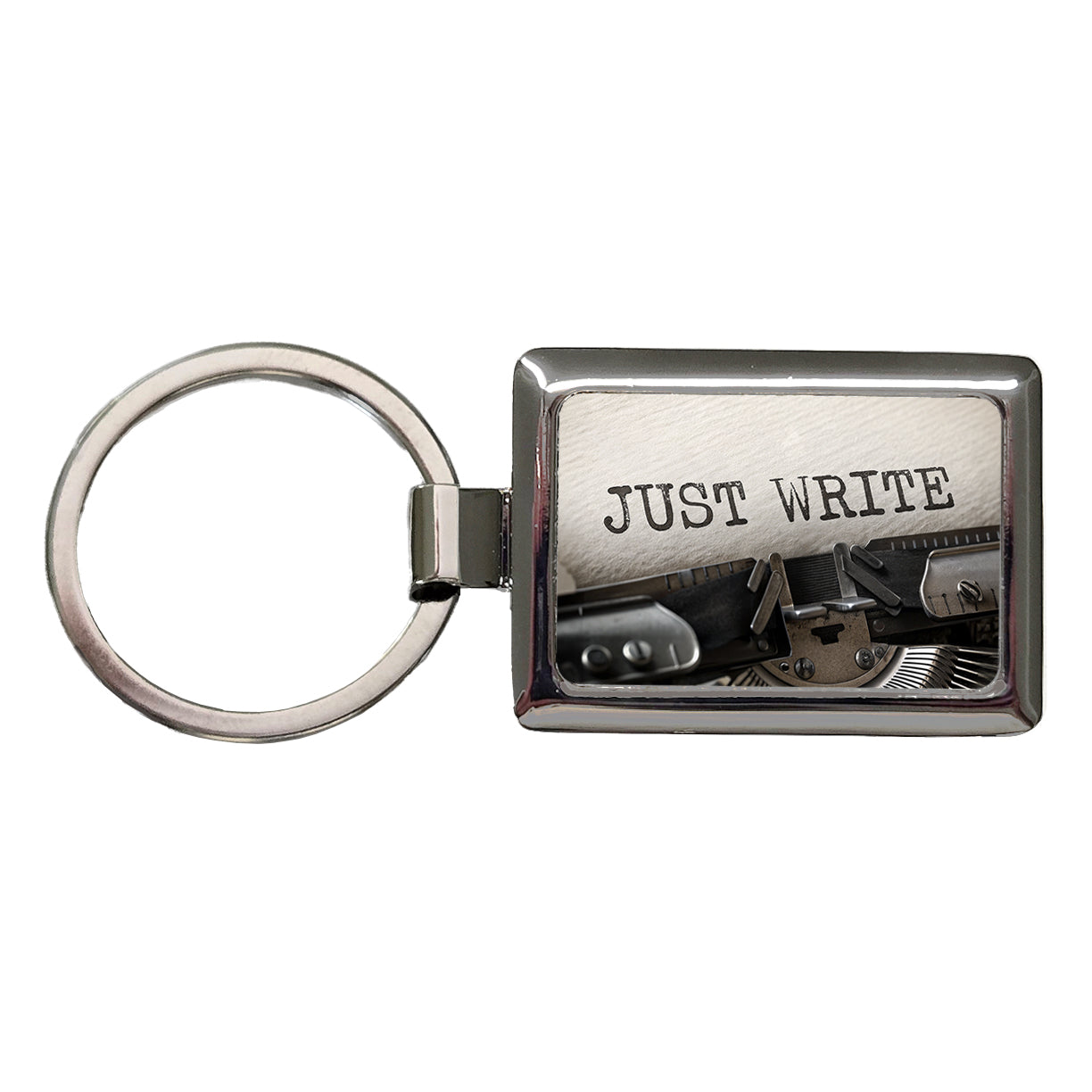 Just Write Retro Typewriter Inspirational Rectangle Metal Keychain