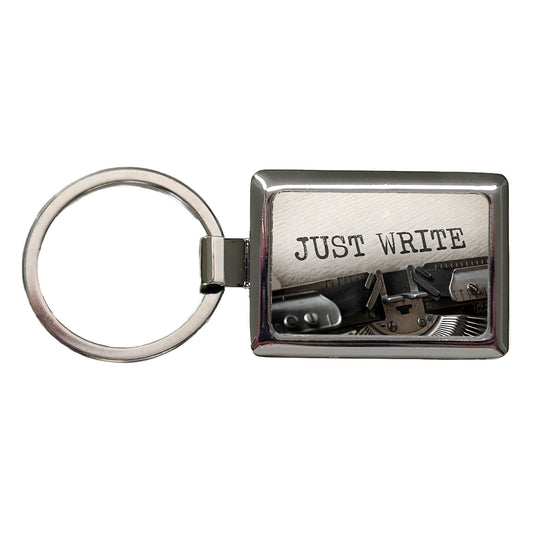 Just Write Retro Typewriter Inspirational Rectangle Metal Keychain