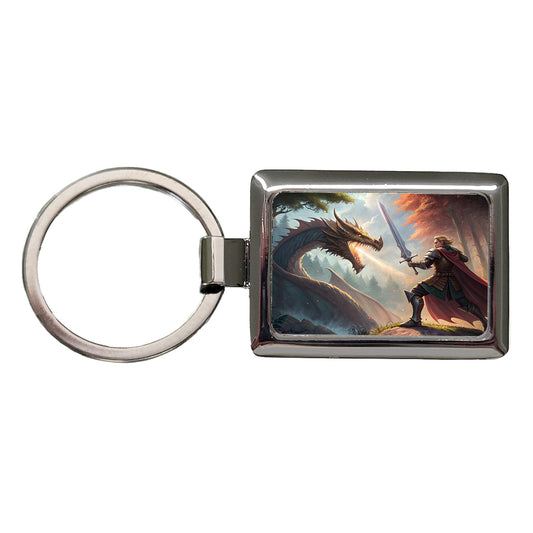 Knight Dragon Slayer Illustration Rectangle Metal Keychain