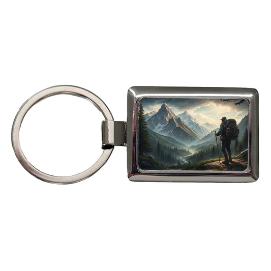 Man Hiking In The Mountains Rectangle Metal Keychain