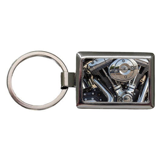 Motorcycle Chrome Engine Close-up Rectangle Metal Keychain