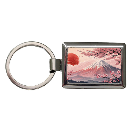 Mount Fuji With Cherry Blossoms Rising Sun Japanese Illustration Rectangle Metal Keychain