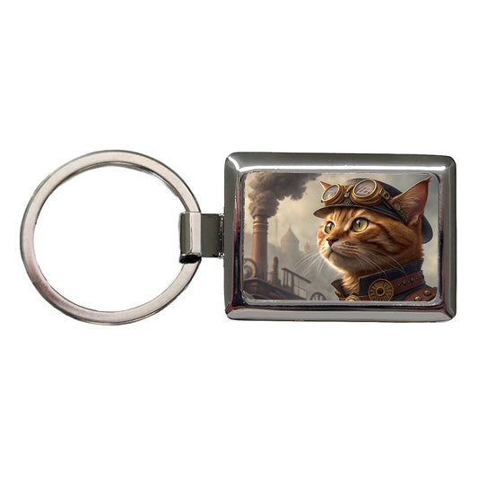 Orange Tabby Cat Steampunk Rectangle Metal Keychain