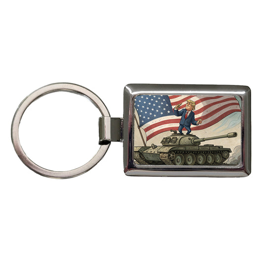 Patriotic Donald Trump Standing On Tank Funny Rectangle Metal Keychain