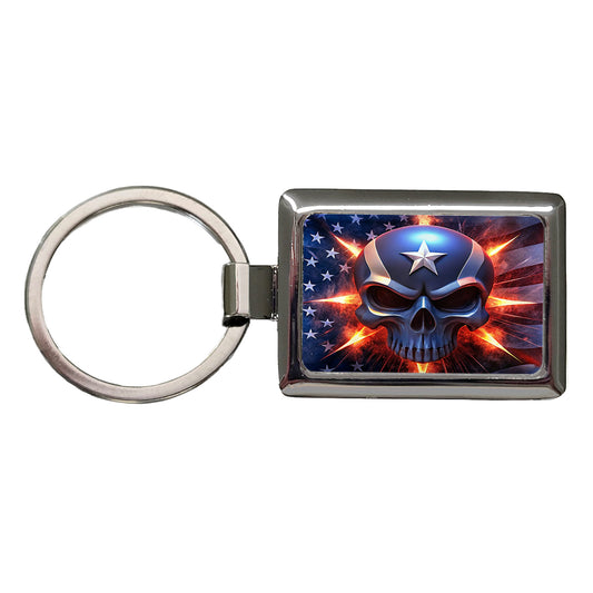 Patriotic Skull And American Flag Rectangle Metal Keychain