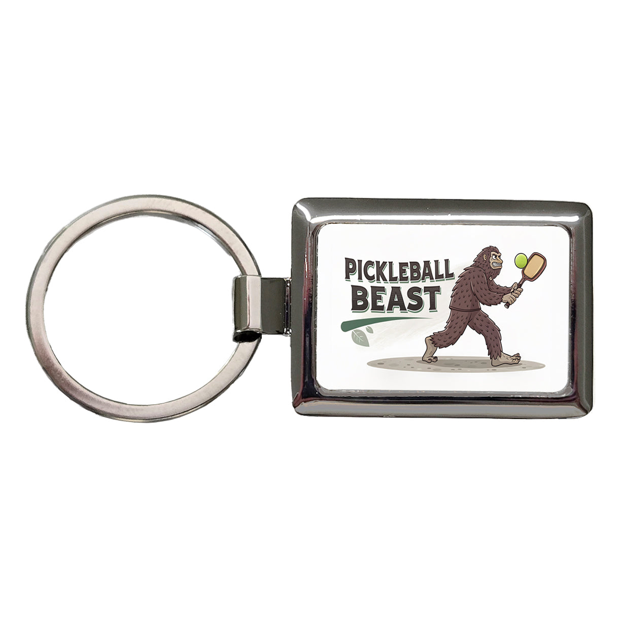 Pickleball Beast Funny Bigfoot Holding Paddle Rectangle Metal Keychain