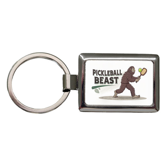 Pickleball Beast Funny Bigfoot Holding Paddle Rectangle Metal Keychain