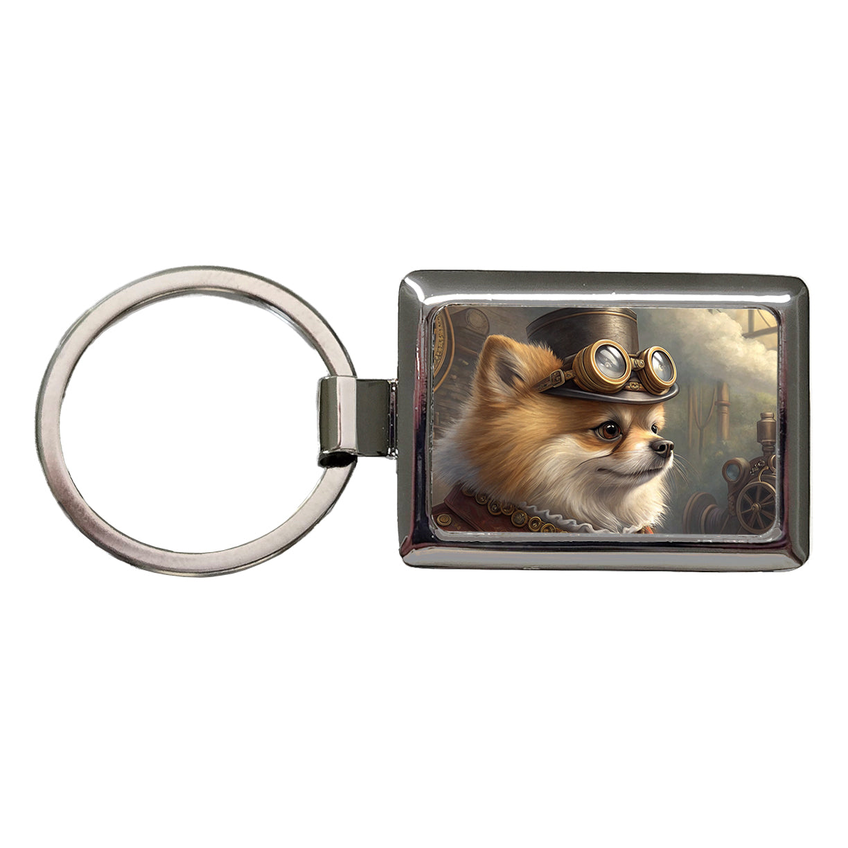 Pomeranian Dog Steampunk Rectangle Metal Keychain