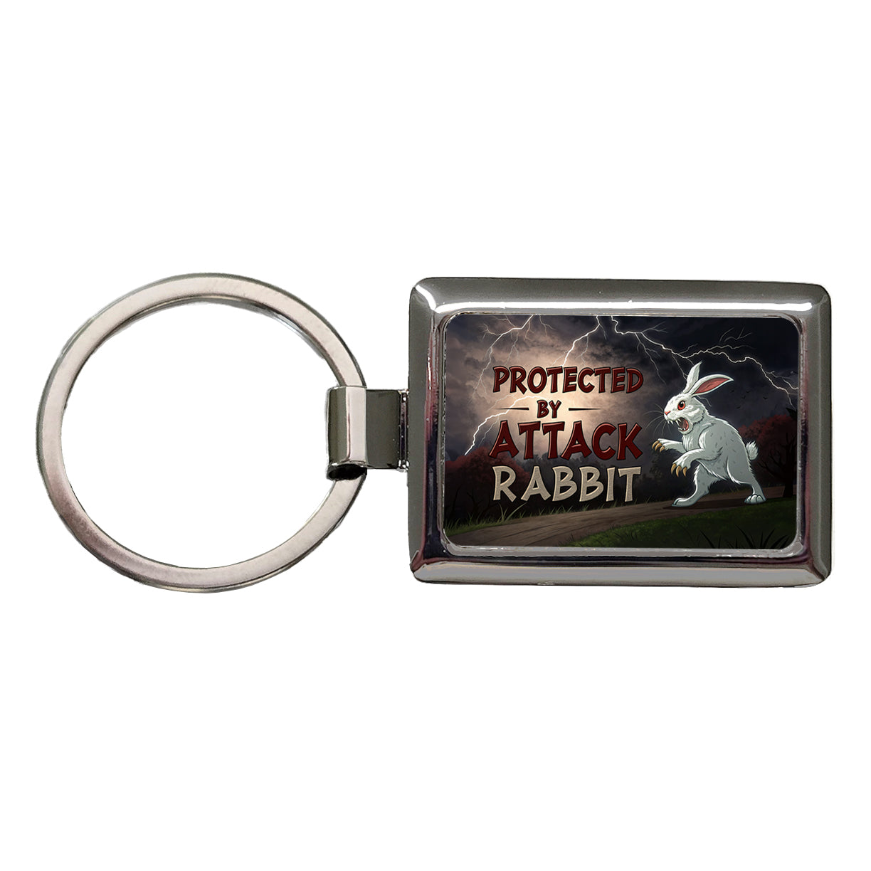 Protected By Attack Rabbit Vicious White Funny Bunny Rectangle Metal Keychain