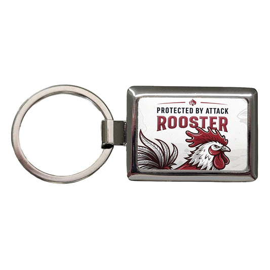 Protected By Attack Rooster Rectangle Metal Keychain