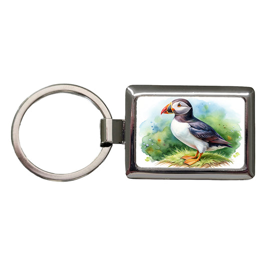 Puffin Bird Watercolor Rectangle Metal Keychain