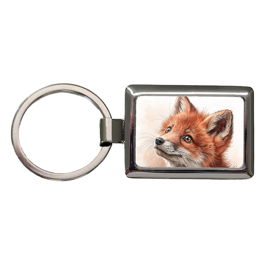Red Fox Kit Illustration Rectangle Metal Keychain