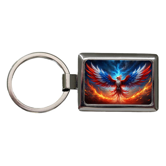 Red White And Blue Phoenix Rising Rectangle Metal Keychain