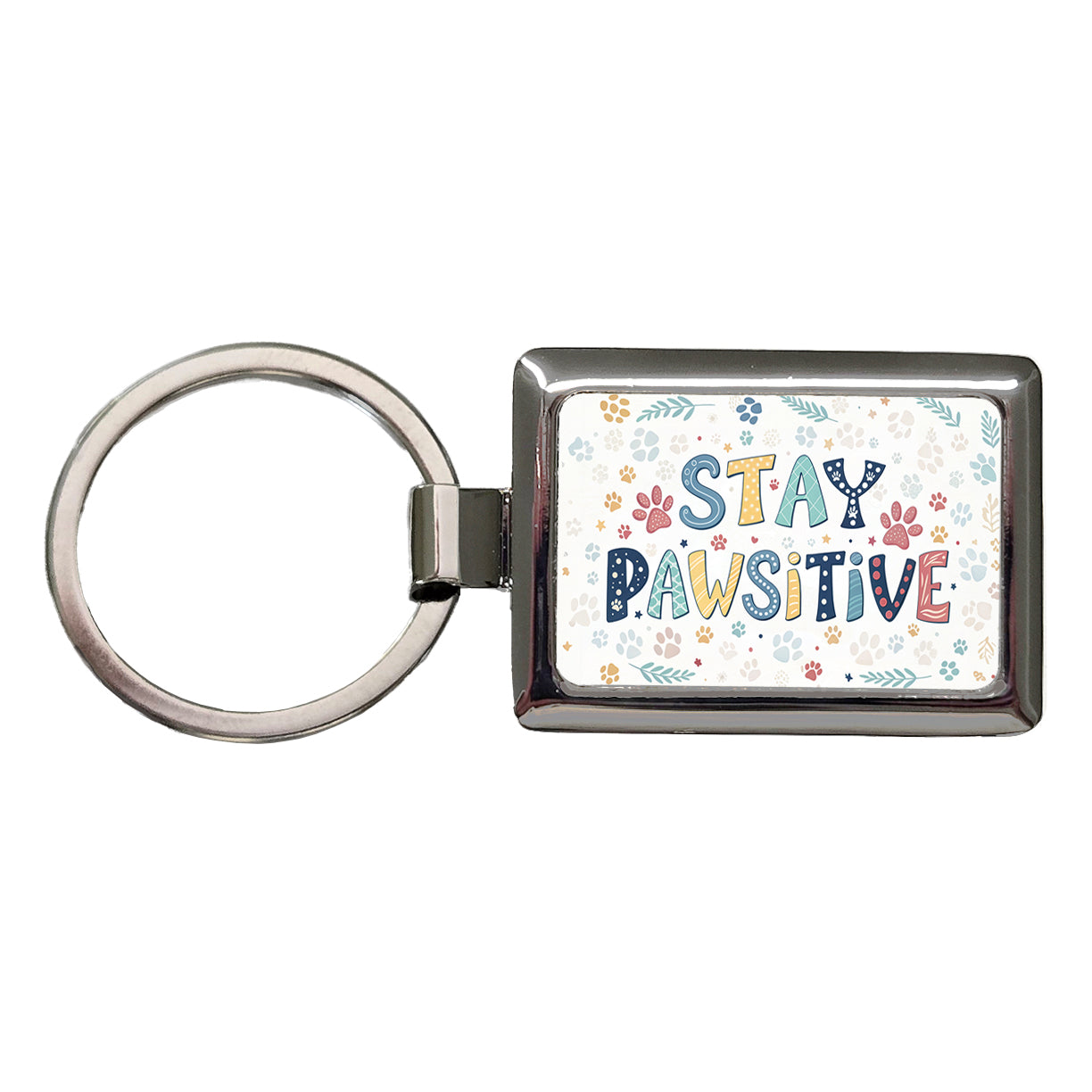 Stay Pawsitive Positive Cute Colorful Rectangle Metal Keychain