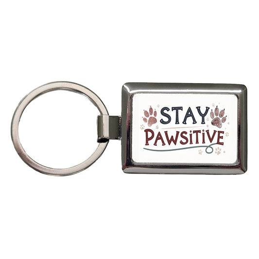 Stay Pawsitive Positive Paw Prints Inspirational Funny Rectangle Metal Keychain