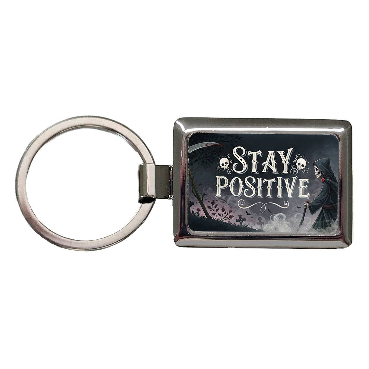 Stay Positive Funny Grim Reaper Death Cartoon Rectangle Metal Keychain