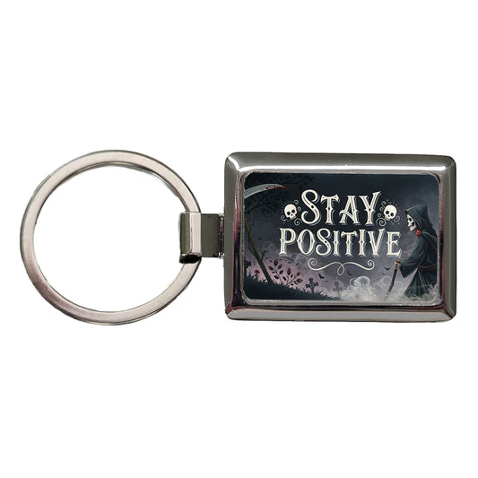 Stay Positive Funny Grim Reaper Death Cartoon Rectangle Metal Keychain