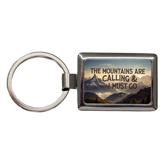 The Mountains Are Calling And I Must Go Hiking Camping Rectangle Metal Keychain