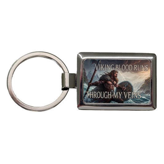 Viking Blood Runs Through My Veins Scandinavian Norse Warrior Rectangle Metal Keychain