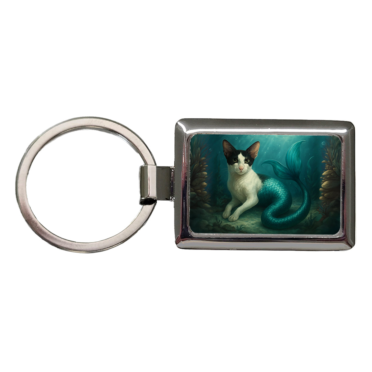 Vintage Oriental Shorthair Cat Mermaid Fantasy Painting Rectangle Metal Keychain