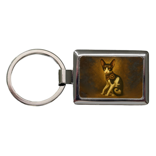 Vintage Steampunk Oriental Shorthair Cat Fantasy Painting Rectangle Metal Keychain