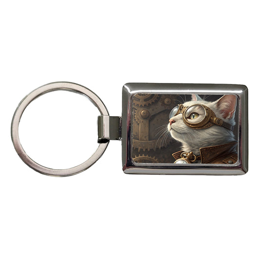 White Cat Steampunk Rectangle Metal Keychain