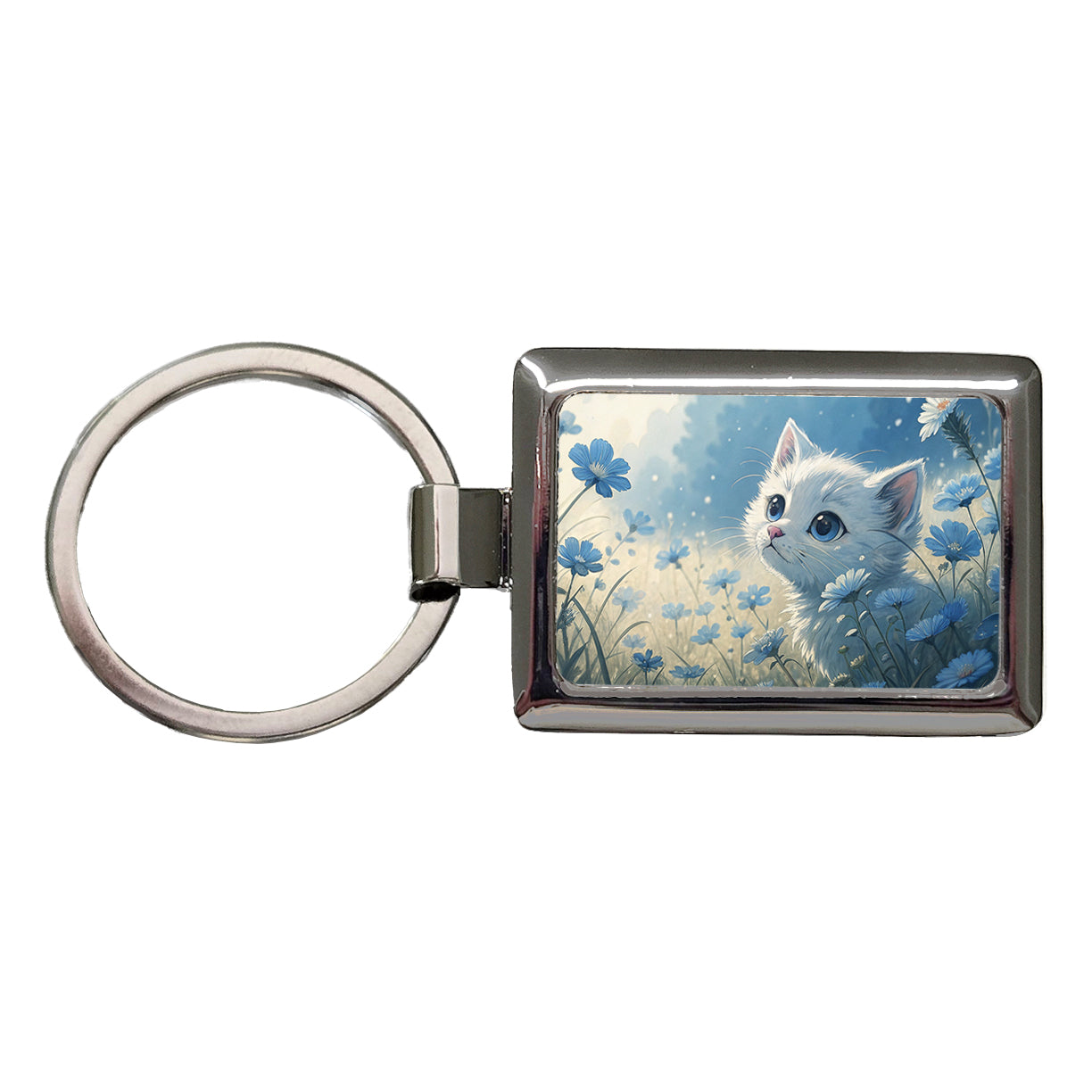 White Kitten in Field Of Blue Flowers Anime Style Rectangle Metal Keychain