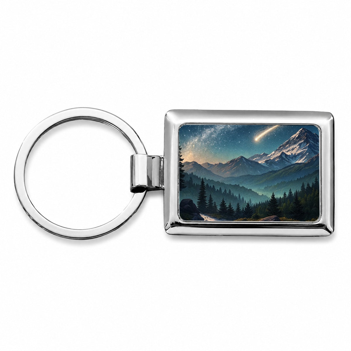 Comet Shooting Star In The Night Sky Over Mountains Rectangle Metal Keychain