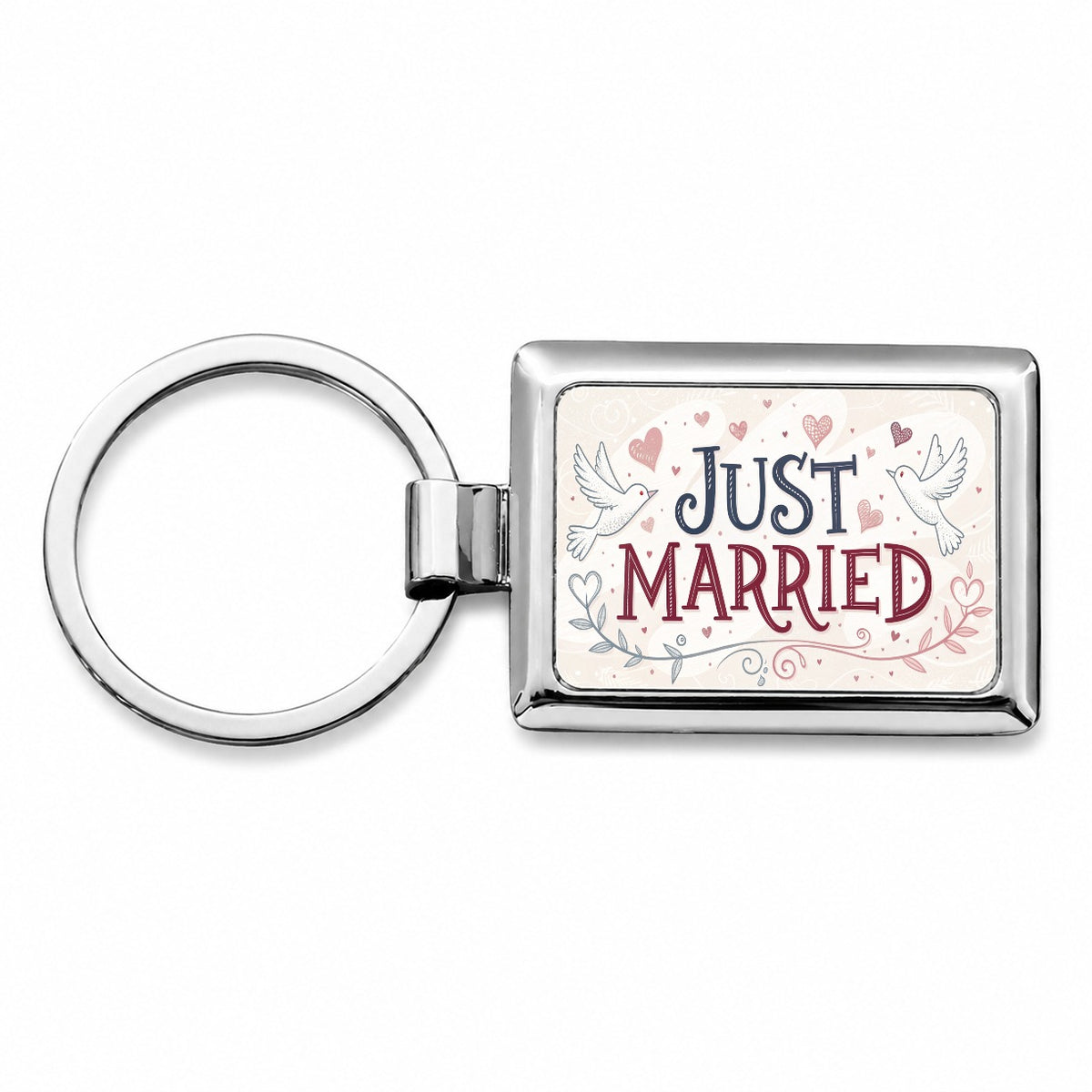 Just Married Doves Hearts Rectangle Metal Keychain