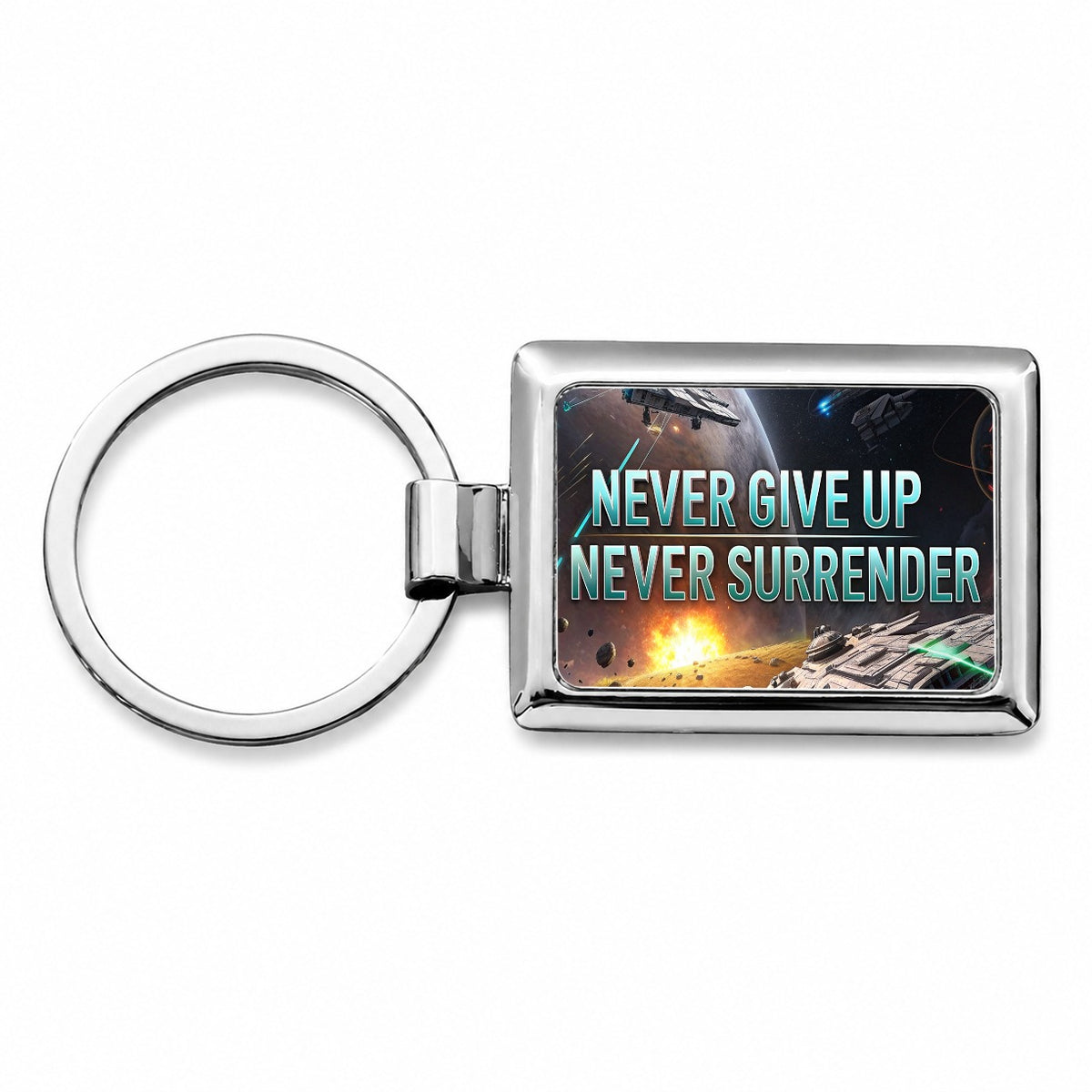 Never Give Up Never Surrender Inspirational Sci-Fi Space Rectangle Metal Keychain