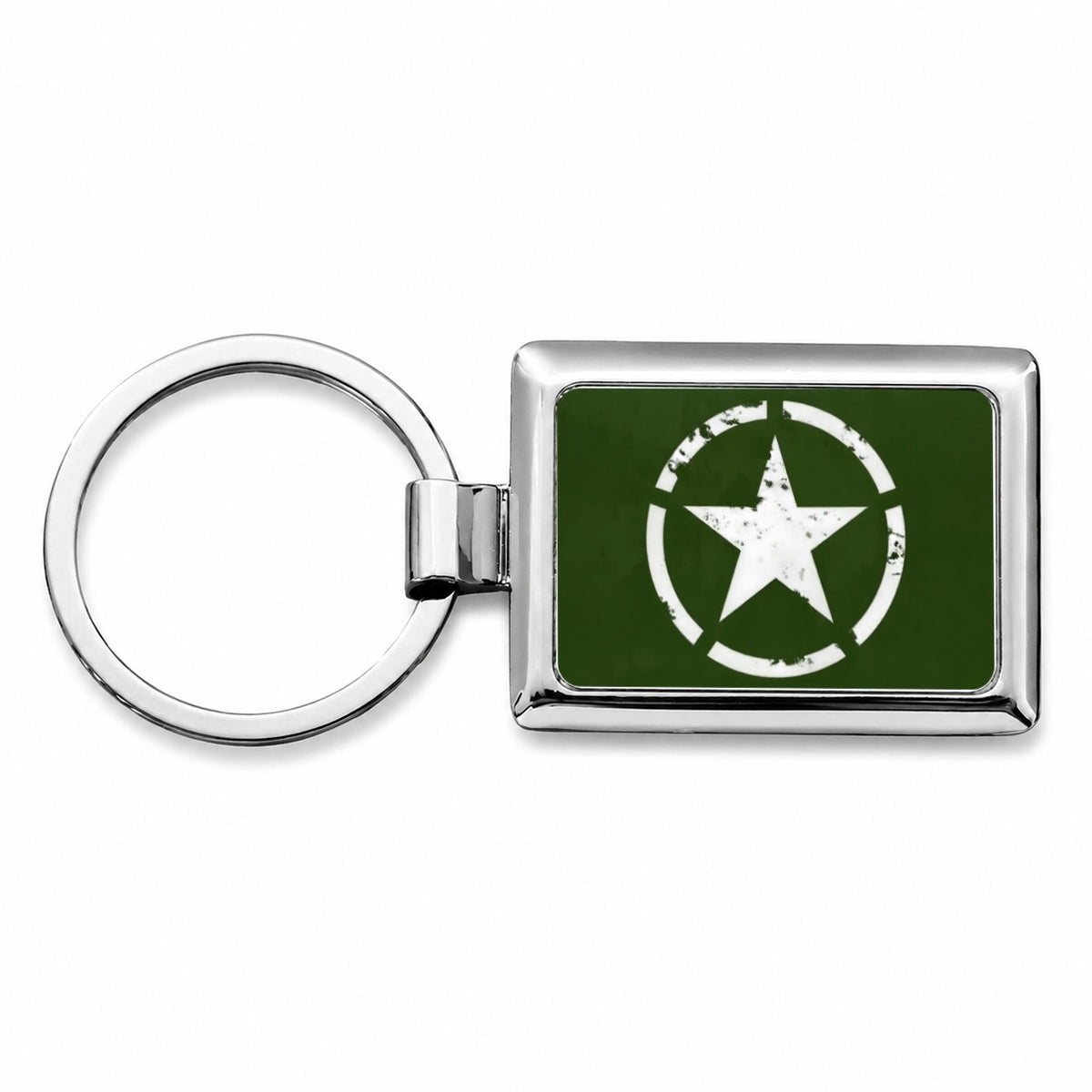 Rustic White Army Star On Olive Green Rectangle Metal Keychain