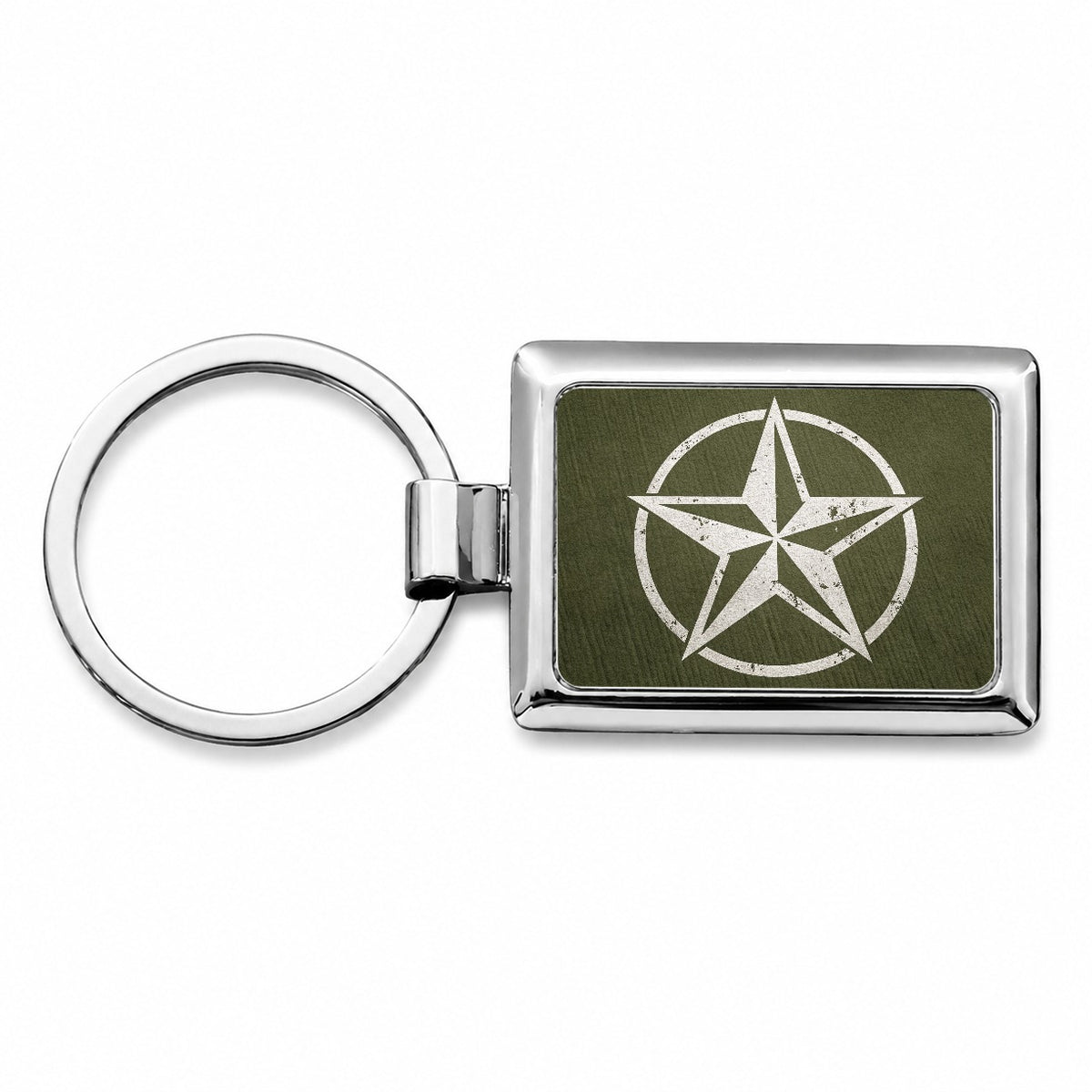 Rustic White Military Army Compass Star Rectangle Metal Keychain