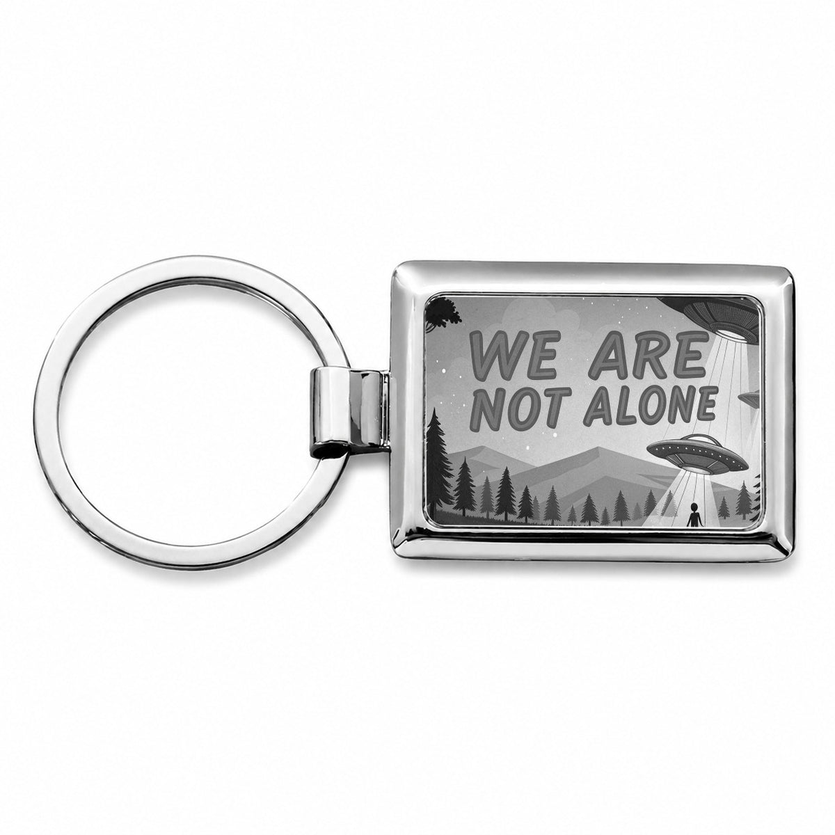 We Are Not Alone Funny Retro UFO Black And White Rectangle Metal Keychain